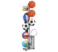 smusei 7 Niveaux Rangement Ballon Range Ballon avec Base Réglable Noir | Support Ballon avec 2 Crochets Amovibles Support Ballon Basket 154 x 40 x 20 CM pour Ballons de Basket Football Volley Tennis