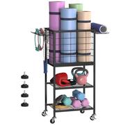smusei Chariot d'équipements de fitness - Support pour équipements de sport à 3 niveaux - Avec grand panier - Support d'haltères en métal pour bloc de yoga, kettlebells, etc. - Noir
