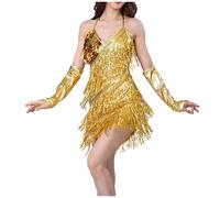 SMUXP Robe de danse latine à paillettes pour femme des années 1920, robe de cocktail, de rumba, de salle de bal avec gants, doré, Taille unique