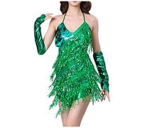 SMUXP Robe de danse latine à paillettes pour femme des années 1920, robe de cocktail, de rumba, de salle de bal avec gants, Vert, Taille unique