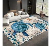 SMXVRC Mer Tortue Zone Tapis, 80x150cm, Côtier Océan Marin Animal Vie Chambre Moquettes, Étoile de mer Boussole Maison Décor Tapis, Disparaître Résistant Durable Machine Lavable pour Chambre