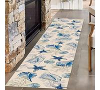 SMXVRC Plage Côtier Coureur Tapis, 60x180cm, Étoile de mer Conque Océan Thème avec, avec Non Glisser Support Tapis, Facile Faire Le ménage Respirant Antidérapant Moquette pour À Manger Tableau