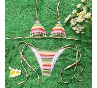 SMZhomeone Bikini rayé tendance deux pièces maillots de bain réglables à nouer sur le côté rose vert rayures flatteuses coupe flatteuse polyester léger XS S M L pour plage piscine spa femme (S)