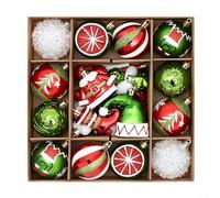 SMZhomeone Lot de 46 boules de Noël peintes à la main dans une boîte, décorations multicolores vives en plastique pour sapin de vacances, couronnes et maison (rouge, vert, blanc)