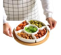 Snack Spinner - Plateau de service rotatif en bois et céramique avec poignée - Boîte à collation portable de 28,5 cm | Organisateur de stockage de fruits distributeur à 5 compartiments pour recevoir,