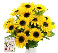 SnailGarden 2 Grappes de Tournesols Artificiels,Tournesol Réaliste en Soie, Faux Bouquet d'Hélianthus avec Carte de Voeux pour Cadeau d'arrangement de Table de Bureau à Domicile