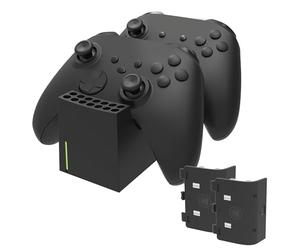 snakebyte Xbox Twin Charge SX - Noir - Station de Charge Xbox Series X pour Manette Series X, Chargeur pour 2 manettes sans Fil, 2 Batteries Rechargeables 800 mAh, état de Charge LED, Design série X