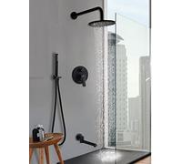 SnamicE Ensemble de robinets de douche ronds noirs à 3 voies en laiton à montage mural pour douche à effet pluie, bec pivotant, mélangeur inverseur de douche, ensemble de 20,3 cm, ensemble de 40,6 cm