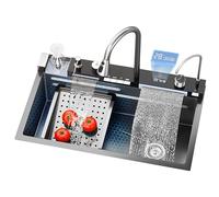 SnamicE Évier de cuisine avec affichage numérique - Évier en nid d'abeille Nano - Double cascade d'eau - Grand évier simple en acier inoxydable 304 avec robinet monobloc