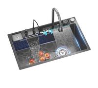 SnamicE Évier de cuisine avec cascade d'eau, double évier nano avec affichage numérique, grand évier simple en acier inoxydable 304, noir gris-75 x 46 cm