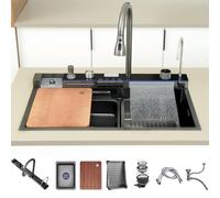 SnamicE Évier de cuisine avec robinet monobloc évier cascade Nano Smart avec double sortie d'eau évier en acier inoxydable 304, grand évier simple, A-68 x 46 cm