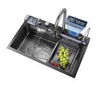 SnamicE Évier de cuisine double évier nano en acier inoxydable 304 avec robinet monobloc évier cascade grand évier simple, A-75 x 46 cm