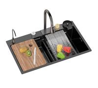 SnamicE Évier de cuisine en cascade avec accessoires complets pour restaurant, fête, studio, évier commercial au-dessus et au-dessous du comptoir, siphon, éviers pour lavage des mains, noir