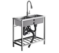 SnamicE Évier Double Vasque, évier autoportant en Acier Inoxydable, évier de Restaurant Commercial avec Robinet d'eau Chaude et Froide pour buanderie, Jardin, Garage, c,70 * 40cm