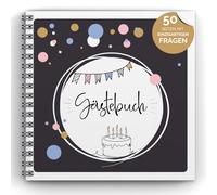 snaPmee Livre d'or d'anniversaire avec questions - Pour 50 entrées, chaque page est unique - Couverture rigide élégante avec reliure à spirale blanche - Dimensions : 21 x 21 cm, papier 300 g/m² (extra