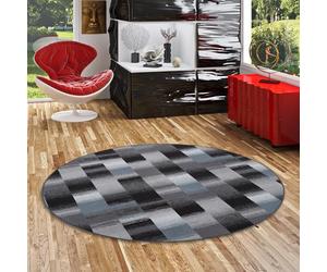 Snapstyle Mystic - Tapis de Designer en Velours Rond - Motif à Carreaux - Bleu Gris 4 Tailles Disponibles