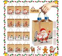 Snarflun 12 Pièces Sac Cadeau Noel, Sacs Cadeaux de Noël en Papier avec Poignée Pochettes, Sachet Cadeau Kraft Noël, Sac Papier Cadeau 4 Motifs pour Nombreuses Occasions à Noël - 23cm x 18cm x 9cm