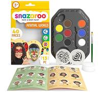 Snazaroo Animal World Palette de peinture visage pour enfants et adultes, 8 couleurs, 13 pièces, pochoirs, pinceau, éponge, guide, à base d'eau, facilement lavable