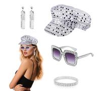 SNBUHA 4 Pièces 70s Disco Accessoires, Argent Abba Costume Accessories Avec Chapeau De Sequins, lunettes de soleil, Argenté, Bracelet diamant，Disco Accessoire Avec Fête à Retro Thème