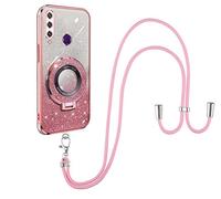 SNCLET Autocollants Pailletés Coque pour Huawei Y6p Housse en Silicone TPU Souple Bumper Etui Lanière Cordon Réglable Longueur Chaîne Housse avec Support Annulaire pour Huawei Y6p,Rose