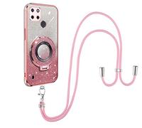 SNCLET Autocollants Pailletés Coque pour Realme C21Y Housse en Silicone TPU Souple Bumper Etui Lanière Cordon Réglable Longueur Chaîne Housse avec Support Annulaire pour Realme C21Y,Rose