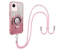 SNCLET Autocollants Pailletés Coque pour Realme C30 Housse en Silicone TPU Souple Bumper Etui Lanière Cordon Réglable Longueur Chaîne Housse avec Support Annulaire pour Realme C30,Rose