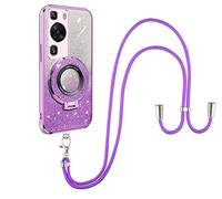 SNCLET Bumper Housse pour Huawei P60 Coque Silicone TPU Souple avec Support Annulaire Autocollants Pailletés Lanière Réglable Longueur Chaîne Lanyard Coque Etui pour Huawei P60,Violet