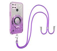 SNCLET Bumper Housse pour Realme C21Y Coque Silicone TPU Souple avec Support Annulaire Autocollants Pailletés Lanière Réglable Longueur Chaîne Lanyard Coque Etui pour Realme C21Y,Violet