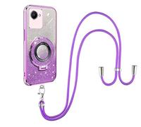 SNCLET Bumper Housse pour Realme C30S Coque Silicone TPU Souple avec Support Annulaire Autocollants Pailletés Lanière Réglable Longueur Chaîne Lanyard Coque Etui pour Realme C30S,Violet