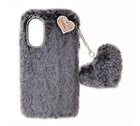 SNCLET Fluffy Fur Plush Coque pour Honor 90 Coque Mignon Peluche Faux Fourrure Housse TPU Etui Antichoc Soft Warm Love Fluffy avec Bling Diamant Cover Fluffy Fur Phone Case pour Honor 90,Gris Foncé