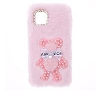 SNCLET Fluffy Fur Plush Coque pour iPhone 13 Mini Phone Case Girls Housse TPU Bumper Coque Souple Antichoc Peluche Toute Douce Ours Chic Bling Fluffy Case Cover pour iPhone 13 Mini,Ours Rose
