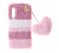 SNCLET Fluffy Fur Plush Coque pour Samsung Galaxy A05s Coque de Protection Mignon Peluche Faux Fourrure TPU Etui Antichoc Soft Warm Love Bling Diamant Fluffy Fur Case pour Samsung A05s,Collage Rose