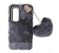 SNCLET Fluffy Fur Plush Coque pour Samsung Galaxy S24 Coque Mignon Peluche Faux Fourrure TPU Etui Antichoc Soft Warm Love Fluffy avec Bling Diamant Fluffy Fur Phone Case pour Samsung S24,Gris Foncé