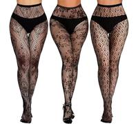 SNDE Lot de 3 collants à motifs pour femme, bas résille en dentelle noire, collants tendance à motif floral, leggings en dentelle, 3 paires de collants tendance en dentelle, One Size