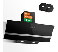SNDOAS Hotte Aspirante Inclinée 90cm, Hotte de Cuisine 450 m³/h, Evacuation ou Recyclage, 3 Vitesses + Boost Hotte et Filtre à Charbon Actif, Hotte Murale 90cm Noir