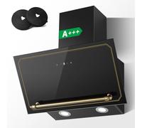 SNDOAS Hotte Aspirante 60cm, Classe A+++ Hotte de Cuisine Inclinée Silencieuse, 400m³/h, Evacuation ou Recyclage, 3 Vitesses, Filtres à Charbon Inclus, Hotte avec Évacuation, Eclairage à LED, Noir/Or