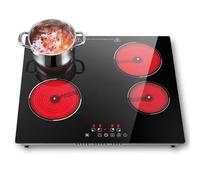 SNDOAS Plaque Vitrocéramique 4 Feux 6000W, Plaque de Cuisson Electrique Encastrable 59cm, Arrêt Automatique, Commande Tactile 9 Niveaux, Câblage Fixe, Compatible Tous Ustensiles