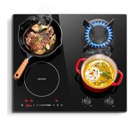 SNDOAS Table de Cuisson Mixte Gaz Induction 4 Foyers 7500W, Plaque de Cuisson Induction avec Boost, Pont, Pause/Maintien, Plaque Gaz Wok 2400W, Verre Céramique, Sécurité Enfant
