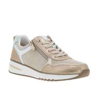 Sneakers beige et or à talon compensé bas avec zip latéral doré et lacets plats 39