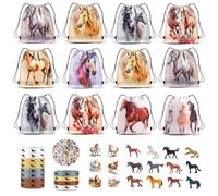 SneiDr 86pcs Cheval Party Cadeaux avec 12 Sacs Cordon 50 Autocollants 12 Figurines 12 Bracelets Silicone Thème Western pour Anniversaire Enfants 3-10 Ans École Pâques Noël Événements