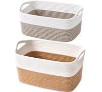 SneiDr Lot 2 Panier de Rangement en Corde de Coton Tressé avec Anses Neutre | Petit Panier Rangement 34x28x24cm 32,5x22,5x14cm Panier Cadeau Vide à Garnir Table à Langer Chambre Enfant Salle de Bain