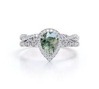SNHHNSW 1 CT CTER CENTRE PEARE NATHINE MOSS AGATE CONNECTION DES FEMMES POUR FEMMES 10K 14K GREEN MOSS AGATE avec des anneaux de mariage Moisanite Bridal en taille 4-12
