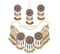 SNHHNSW Ensemble de bijoux traditionnels indiens Maang Tikka Bohemian Collier d'oreille Boucle d'oreille colorée Crystal Tassel Coin Bollywood Jhumka Choker Sangle Bijoux de fête de mariage ethnique