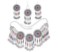 SNHHNSW Ensemble de bijoux traditionnels indiens Maang Tikka Bohemian Collier d'oreille Boucle d'oreille colorée Crystal Tassel Coin Bollywood Jhumka Choker Sangle Bijoux de fête de mariage ethnique