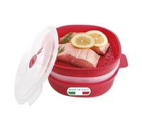 Snips Cuiseur Vapeur Micro-Ondes 4 L, Cuit Vapeur avec 2 Plateaux, Boîte Alimentaire Micro-Ondes pour Légumes, Poisson et Viande, Rouge, Passe au Lave-Vaisselle, 26.5x22x13.5 Made in Italy