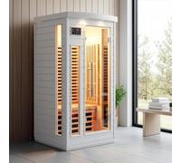 SNÖ Sauna Infrarouge 1 Place 1500W Hemlock Blanc | Chromothérapie 7 Couleurs & Système Audio Bluetooth | Porte et Fenêtres en Verre Sécurisé | Panneaux Carbone, Ionisateur d'air