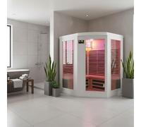 SNÖ Sauna Infrarouge d'angle Blanc 3-4 Places 2200W | Bois Hemlock Canadien, Panneaux Carbone, Bluetooth/MP3 | Porte et Fenêtres en Verre Sécurisé, Ionisateur, Éclairage LED