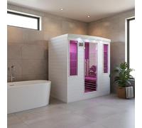 SNÖ Sauna Infrarouge Extérieur 4 Places 3100W | Panneaux Carbone, Chromothérapie, Bluetooth | Bois Hemlock Blanc, Porte en Verre Sécurisé, Ionisateur d'air | Dimensions 186x185x20cm