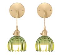 SNOGOLD 2X Applique Murale en Verre Vert Vintage avec Fil, Lampe Murale Intérieure Forme de Fleur E27 Luminaire pour Chambre Salon