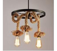 SNOGOLD Lustre Suspension en Corde de Chanvre 3 Lumières E27, Rétro Lampe de Plafond Roue Industrielle pour Salon Salle à Manger